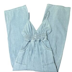 Women’s Light Wash Denim Jumpsuit Wide Leg Smocked Waist Cami Straps Size S